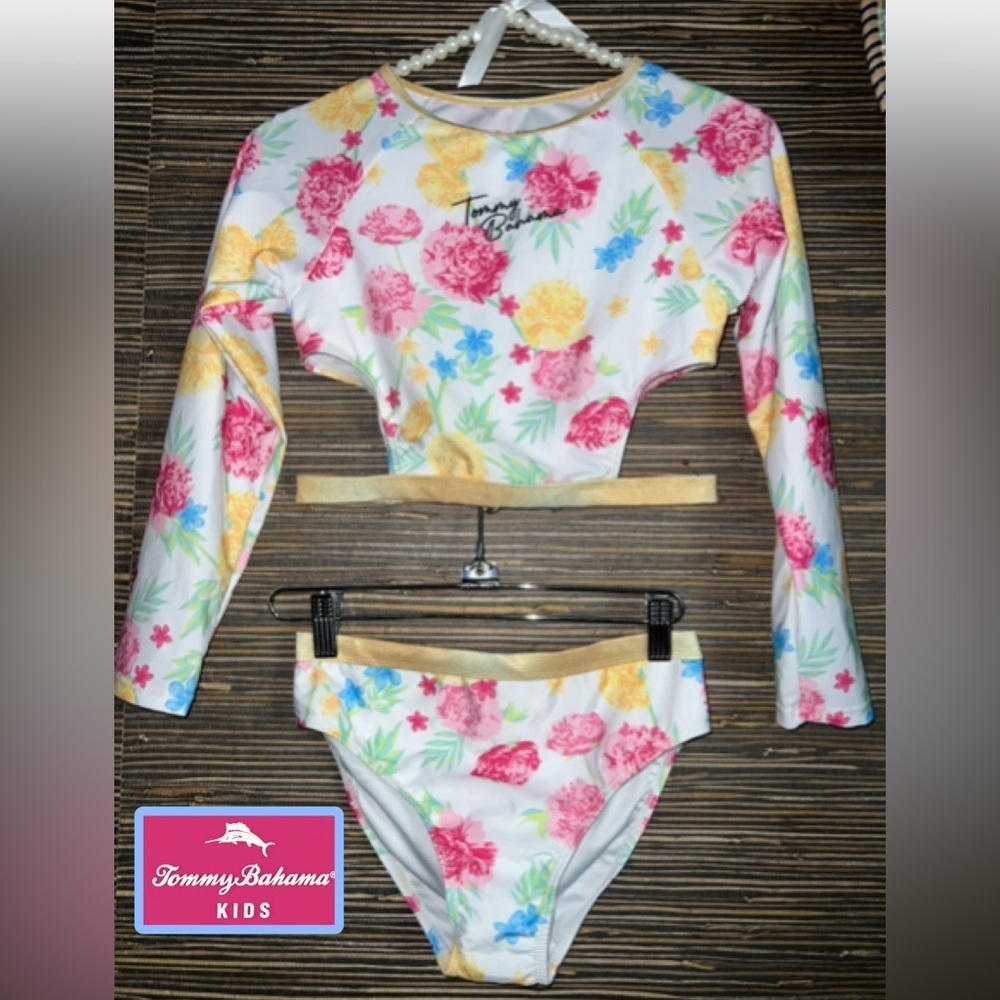 Tommy Bahama 💐 Girls 2-pc Set Sz 14 Floral L/S Rashguard with Gold Trim